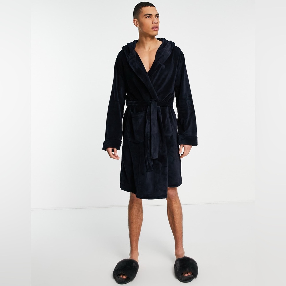 French Connection Men Hooded Robe Fleece Dressing Gown - Navy Blue – S/M